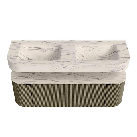 MONDIAZ THOR-DLUX 140cm meuble de salle de bains arrondi gauche + droite couleur Shadow avec 1 tiroir et 2 portes. Vasque suspendue CLOUD Double 2 trous de robinet couleur Nata. SW1464238