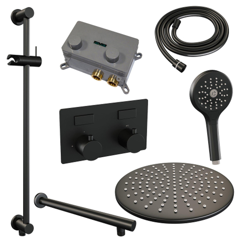BRAUER Black Edition Douche de pluie thermostatique encastrée - boutons-poussoirs - SET 68 - pomme de douche 30cm - bras mural droit - douchette 3 jets - flexible de douche - barre de douche intégrée - noir mat SW925744