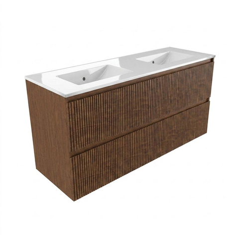Saniclass Holz Atelier Badkamermeubelset - 140x45x60cm - keramische wastafel wit - 2 wasbakken - zonder kraangaten - 4 lades - Walnut pure SW1437739
