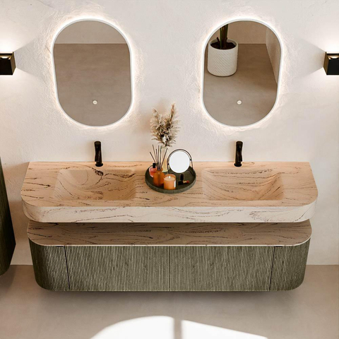 MONDIAZ THOR-DLUX 180cm meuble de salle de bains arrondi gauche + droite couleur Shadow avec 2 tiroirs et 2 portes. Vasque suspendue CLOUD Double 2 trous de robinet couleur Arena. SW1466146