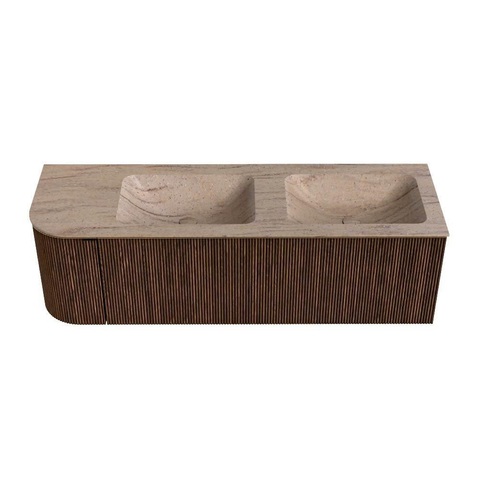 MONDIAZ KURVE-DLUX Meuble de salle de bains 145cm arrondi à gauche couleur Walnut avec 1 tiroir et 1 porte. Lavabo LEAF Double / Droite sans trou de robinet Saba. SW1433194