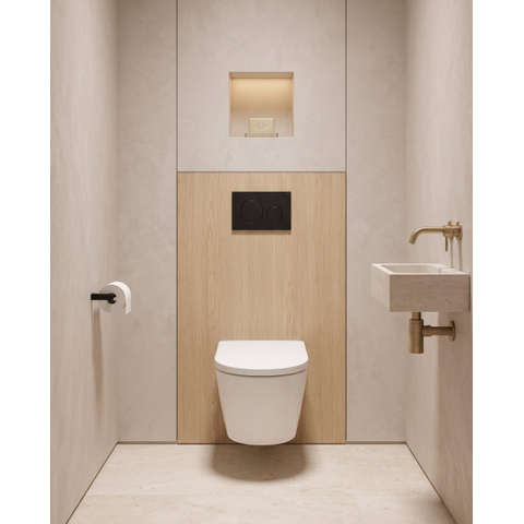 QeramiQ Dely Pack WC - 36,3x51,7cm - à fond creux - sans bride - réservoir encastré Geberit UP320 - abattant WC softclose 35 mm - plaque de commande en plastique noir mat - boutons ronds - blanc mat SW1235391