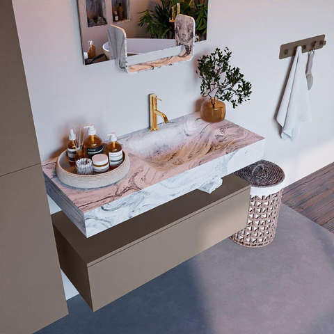 Mondiaz ALAN-DLUX Ensemble de meuble - 100cm - meuble Smoke mat - 1 tiroir - Lavabo Cloud Glace suspendu - vasque Droite - 1 trou de robinet SW805759