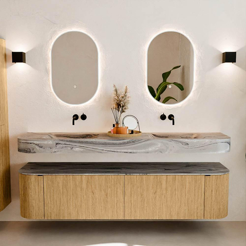 MONDIAZ THOR-DLUX Meuble de salle de bains 190cm arrondi gauche + droite couleur Oak avec 2 tiroirs et 2 portes. Vasque suspendue CLOUD Double sans trou de robinet couleur Sombra. SW1466711