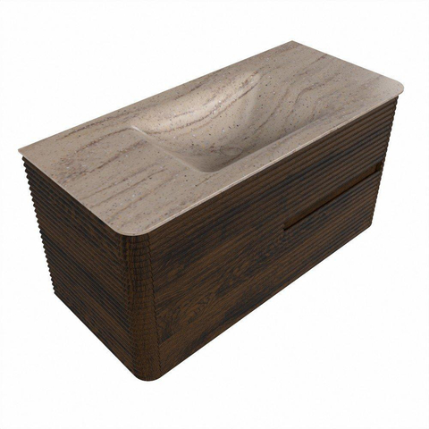 Mondiaz CIRO-DLUX Badkamermeubelset - 100x45x50cm - Solid surface wastafel Saba - 1 wasbak Midden - zonder kraangaten - 2 lades - Walnut SW1530675
