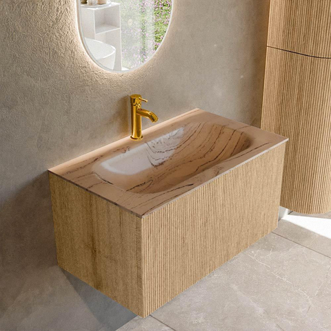 MONDIAZ KURVE-DLUX 80cm badmeubel kleur Oak met 1 lade en 0 deuren. Wastafel BIG SMALL Midden 1 kraangat Arena. SW1431095