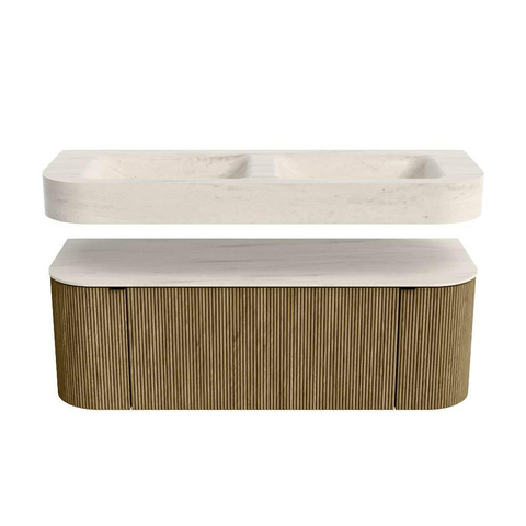 MONDIAZ THOR-DLUX 130cm meuble de salle de bains arrondi gauche + droite couleur Dusk avec 1 tiroir et 2 portes. Vasque suspendue CLOUD Double 2 trous de robinet couleur Meli. SW1463811