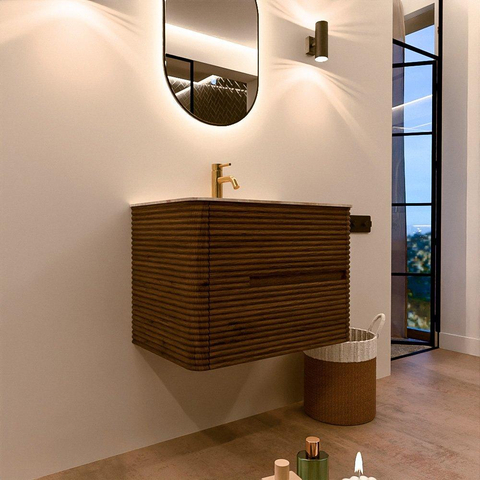 Mondiaz CIRO-DLUX Badkamermeubelset - 70x45x50cm - Solid surface wastafel Frappe - 1 wasbak Midden - 1 kraangat - 2 lades - Dusk SW1532801