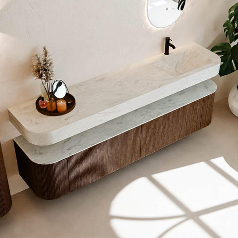 MONDIAZ THOR-DLUX Meuble de salle de bains - 200cm - arrondi gauche + droite - couleur Walnut - 2 tiroirs et 2 portes - Vasque suspendue CLOUD droite 1 trou de robinet - couleur Opalo SW1466819