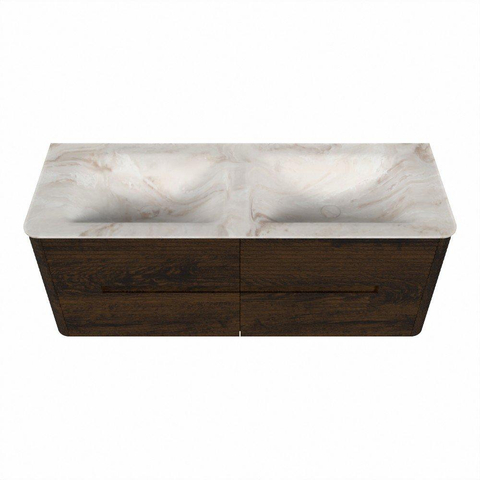 Mondiaz CIRO-DLUX Meuble de salle de bains - 130x45x50cm - Plan vasque solid surface Frappe - 2 vasques double - 2 trous de robinetterie - 4 tiroirs - Noyer SW1530292