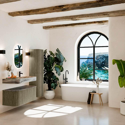 MONDIAZ THOR-DLUX 110cm meuble de salle de bains arrondi gauche + droite couleur Shadow avec 1 tiroir et 2 portes. Vasque suspendue CLOUD Droite 1 trou de robinet couleur Sombra. SW1463025