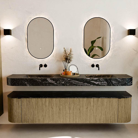 MONDIAZ THOR-DLUX Meuble de salle de bains - 200cm - arrondi gauche + droite - couleur Dusk - 2 tiroirs - 2 portes - Vasque suspendue CLOUD Double sans trou de robinet - couleur Lava SW1466864