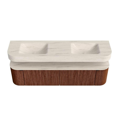 MONDIAZ THOR-DLUX 180cm meuble de salle de bains arrondi gauche + droite couleur Ruby avec 2 tiroirs et 2 portes. Vasque suspendue CLOUD Double sans trou de robinet couleur Meli. SW1466177
