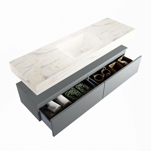Mondiaz ALAN-DLUX Ensemble de meuble - 150cm - meuble - Plata mat - 2 tiroirs - Lavabo Cloud Ostra suspendu - vasque Centre - 0 trous de robinet - Beige SW807767