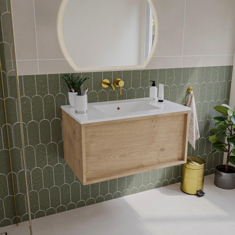Saniclass Holz Frame Meuble de salle de bain - 80x45x40cm - lavabo en céramique blanc - 1 vasque - sans trous de robinet - 1 tiroirs - Chêne Natural SW1437763
