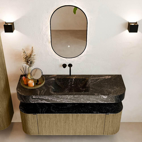 MONDIAZ THOR-DLUX Meuble de salle de bains 140cm arrondi gauche + droite couleur Dusk avec 1 tiroir et 2 portes. Vasque suspendue CLOUD Milieu sans trou de robinet couleur Lava. SW1464229