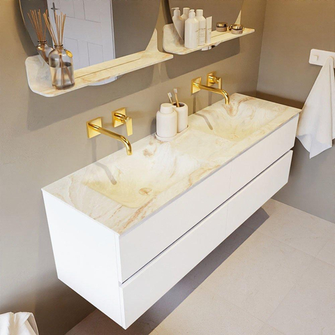 MONDIAZ VICA-DLUX Ensemble meuble de salle de bains - 150cm - meuble bas talc - 4 tiroirs - vasque encastrée cloud double - sans trous de robinet - version hauteur 60cm - frape SW1088617