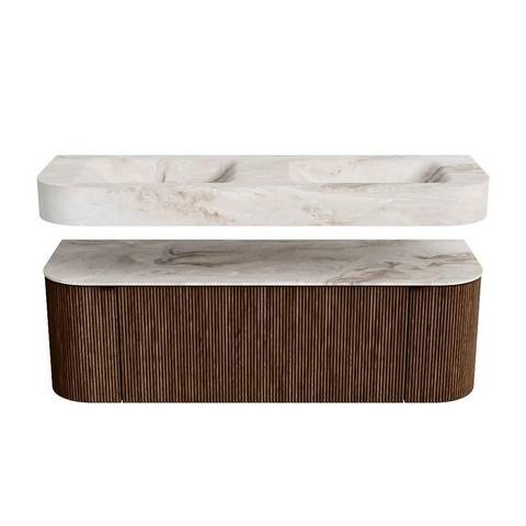 MONDIAZ THOR-DLUX 140cm meuble de salle de bains arrondi gauche + droite couleur Walnut avec 1 tiroir et 2 portes. Vasque suspendue CLOUD Double sans trou de robinet couleur Frappe. SW1419632