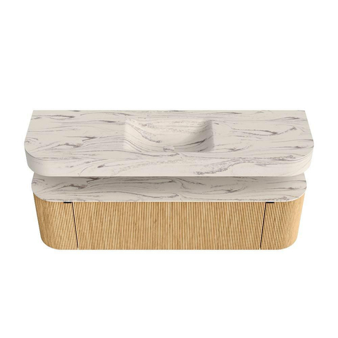 MONDIAZ THOR-DLUX 160cm badmeubel ronding links + rechts kleur Oak met 1 lade en 2 deuren. Vrijhangende wastafel CLOUD Midden zonder kraangat kleur Nata. SW1465251