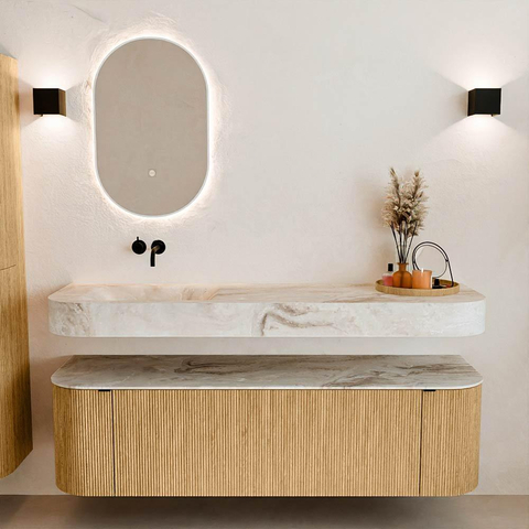 MONDIAZ THOR-DLUX 160cm badmeubel ronding links + rechts kleur Oak met 1 lade en 2 deuren. Vrijhangende wastafel CLOUD Links zonder kraangat kleur Frappe. SW1464957