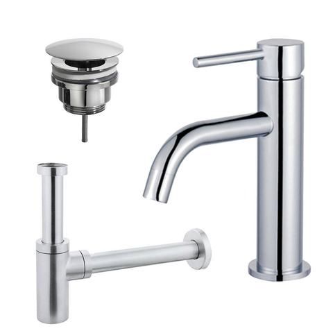 Fortifura Calvi Slim Wastafelkraanset - lage wastafelkraan - always open plug - design - sifon - hoogglans chroom SW911737