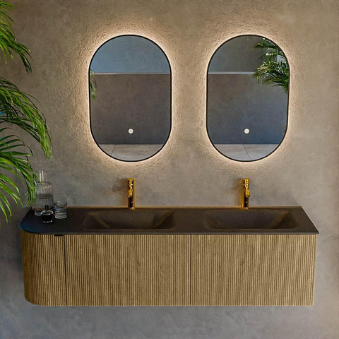Mondiaz KURVE Ensemble de meuble de salle de bains - 155x46x40cm - 2 tiroirs - 1 porte - vasque solid surface - double / droite - 2 trous de robinet - Dusk SW1414837