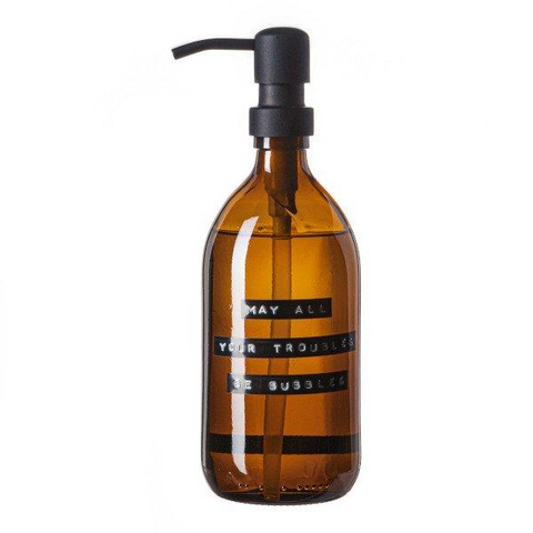 Wellmark Handzeep bruin glas zwarte pomp 500ml tekst MAY ALL YOUR TROUBLES BE BUBBLES Zwart label SHOWROOMMODEL SHOW22674