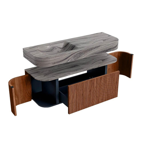 MONDIAZ THOR-DLUX 130cm badmeubel ronding links + rechts kleur Ruby met 1 lade en 2 deuren. Vrijhangende wastafel CLOUD Links zonder kraangat kleur Sombra. SW1464084