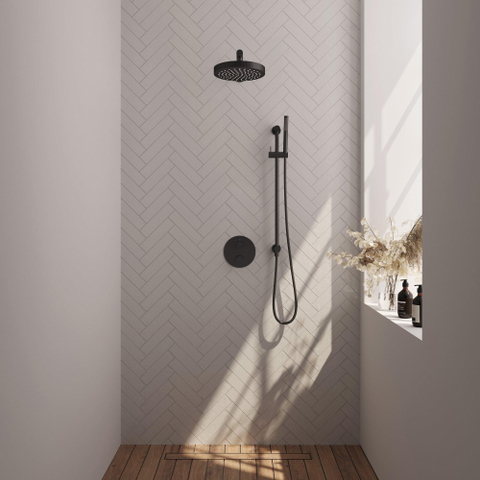 BRAUER Stripe Douche de tête thermostatique encastrée - 3 voies - ronde - SET 43 - pomme de douche 25cm - bras mural droit - douchette à main barre - flexible de douche - barre coulissante intégrée - noir mat SW1435175