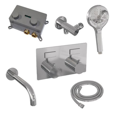 Brauer Chrome Edition mitigeur thermostatique bain encastré boutons poussoirs set 04 bec 3 positions douchette flexible douche raccord mural coude chrome SW925542