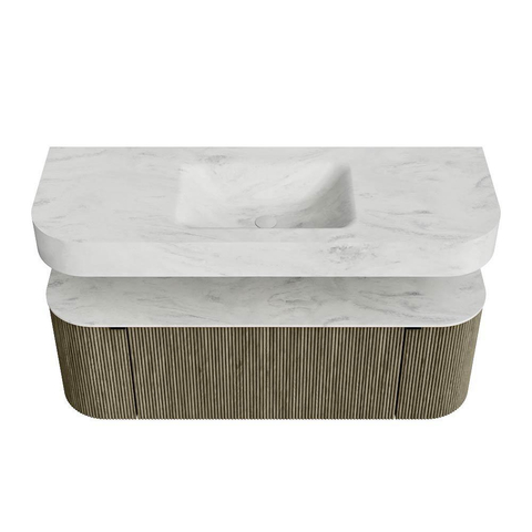 MONDIAZ THOR-DLUX Meuble de salle de bains 130cm arrondi gauche + droite couleur Shadow avec 1 tiroir et 2 portes. Vasque suspendue CLOUD Milieu sans trou de robinet couleur Opalo. SW1463748