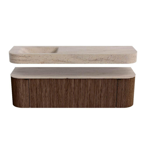 MONDIAZ THOR-DLUX 160cm meuble de salle de bains arrondi gauche + droite couleur Walnut avec 1 tiroir et 2 portes. Vasque suspendue CLOUD Gauche sans trou de robinet couleur Saba. SW1465343