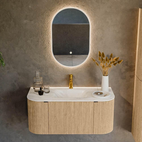 MONDIAZ KURVE-DLUX Meuble de salle de bains 100cm avec module 25 Len R couleur Chêne avec 1 tiroir et 2 portes. Lavabo GRUNNE central 1 trou de robinet couleur Ostra. SW1137717