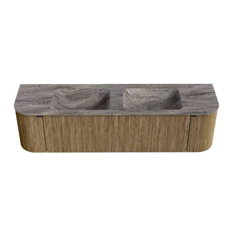 MONDIAZ KURVE-DLUX Meuble de salle de bains 170cm arrondi Gauche + Droite couleur Dusk avec 1 tiroir et 2 portes. Lavabo LEAF Double 2 trous de robinet Oza. SW1433027