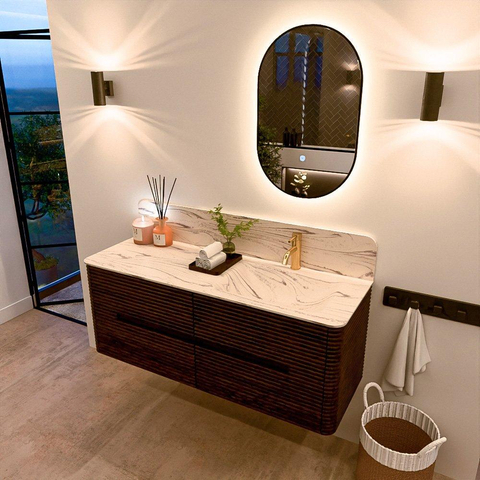 Mondiaz CIRO-DLUX Ensemble de meubles de salle de bains - 130x45x50cm - Vasque en solid surface Nata - 1 bassin à droite - 1 trou de robinet - 4 tiroirs - Noyer SW1530570