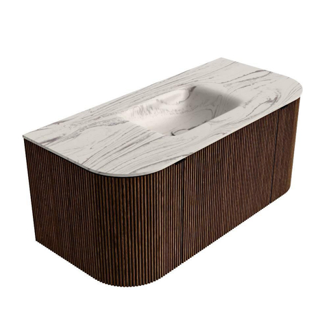 MONDIAZ KURVE-DLUX 100cm badmeubel ronding Links + Rechts kleur Walnut met 1 lade en 2 deuren. Wastafel GRUNNE Midden 1 kraangat Nata. SW1432152