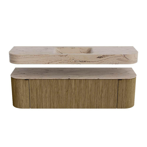MONDIAZ THOR-DLUX 160cm meuble de salle de bains arrondi gauche + droite couleur Dusk avec 1 tiroir et 2 portes. Vasque suspendue CLOUD Milieu 1 trou de robinet couleur Arena. SW1465141