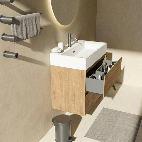 Saniclass Holz Pure Badkamermeubelset - 80x45x72cm - Legend keramische wastafel mat wit - 1 wasbak - 1 kraangat - 2 lades - mat eiken natural (hout) SW1580154