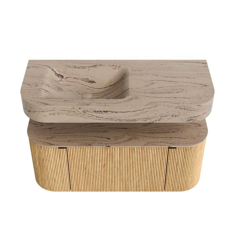 MONDIAZ THOR-DLUX 110cm meuble de salle de bains arrondi gauche + droite couleur Oak avec 1 tiroir et 2 portes. Vasque suspendue CLOUD gauche 1 trou de robinet couleur Arena. SW1462874