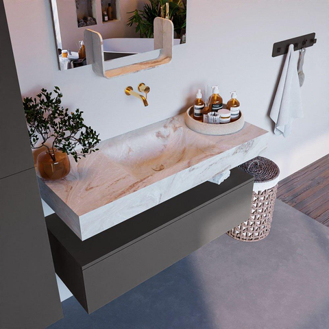 Mondiaz ALAN-DLUX Ensemble de meuble - 110cm - meuble Dark grey mat - 1 tiroir - Lavabo Cloud Frappe suspendu - vasque Centre - 0 trous de robinet SW805018