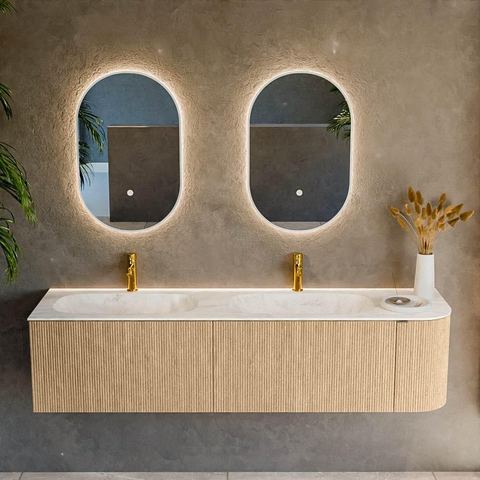 MONDIAZ KURVE-DLUX meuble de salle de bains 175cm avec module 25 R couleur chêne avec 2 tiroirs et 1 porte. Lavabo STOR SMALL double / gauche 2 trous de robinet couleur Ostra. SW1137809