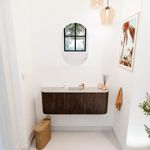 Mondiaz JOYA-DLUX 113.2cm toiletmeubel - ronding links en rechts kleur Walnut - Wastafel FAYE positie Midden 1 kraangat kleur Opalo. SW1422600