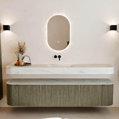 MONDIAZ THOR-DLUX 200cm meuble de salle de bains arrondi gauche + droite couleur Shadow avec 2 tiroirs et 2 portes. Vasque suspendue CLOUD Milieu sans trou de robinet couleur Opalo. SW1467043