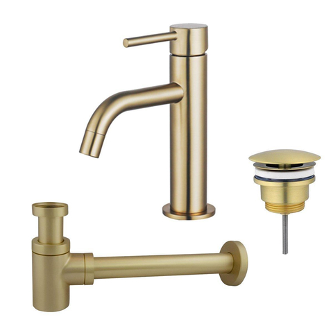 Fortifura Calvi Slim Wastafelkraanset - lage wastafelkraan - always open plug - verlaagde design - sifon - PVD - geborsteld messing (goud) SW891942
