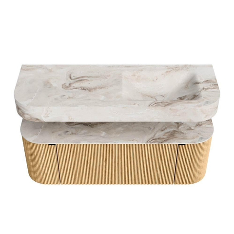 MONDIAZ THOR-DLUX 130cm meuble de salle de bains arrondi gauche + droite couleur Chêne avec 1 tiroir et 2 portes. Vasque suspendue CLOUD Droite sans trou de robinet couleur Frappe. SW1463693