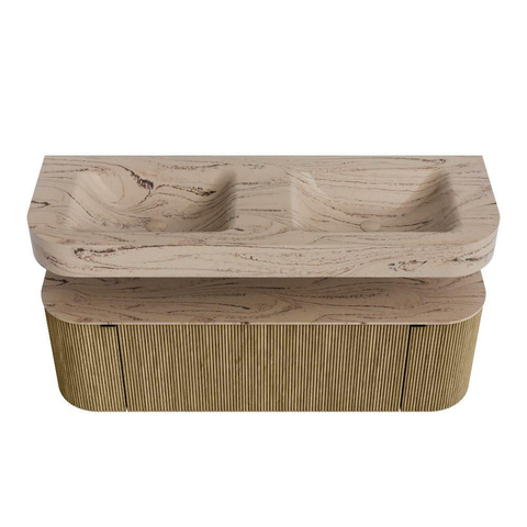 MONDIAZ THOR-DLUX 140cm meuble de salle de bains arrondi gauche + droite couleur Dusk avec 1 tiroir et 2 portes. Vasque suspendue CLOUD Double sans trou de robinet couleur Arena. SW1464364