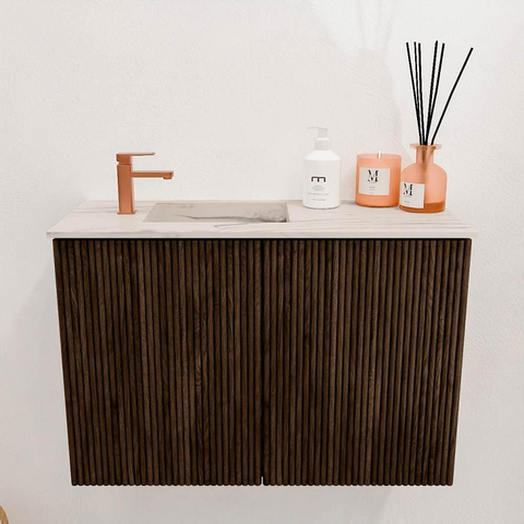 Mondiaz JOYA-DLUX 60cm toiletmeubel - kleur Walnut - Wastafel FAYE positie Links 1 kraangat kleur Nata. SW1424470