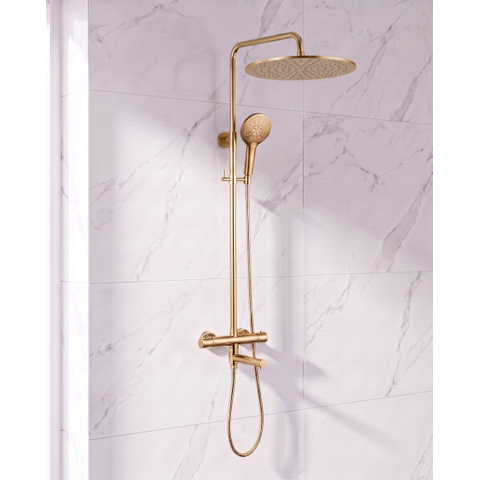 Fortifura Calvi Regendoucheset - thermostatisch - 30cm hoofddouche - metalen slang - ronde handdouche - draaibare baduitloop - Geborsteld Messing PVD (Goud) SW1592481