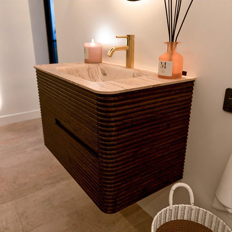 Mondiaz CIRO-DLUX Badkamermeubelset - 80x45x50cm - Solid surface wastafel Arena - 1 wasbak Midden - 1 kraangat - 2 lades - Walnut SW1530424
