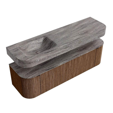 MONDIAZ THOR-DLUX Meuble de salle de bains - 160cm - arrondi gauche + droite - couleur Walnut - 1 tiroir et 2 portes - Vasque suspendue CLOUD Gauche sans trou de robinet - couleur Oza SW1465281